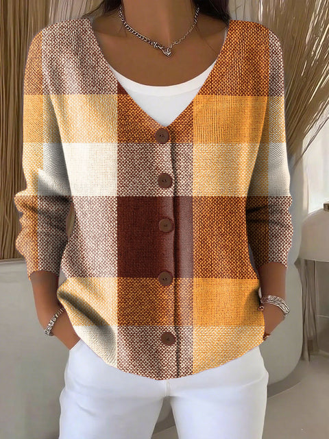 Retro Plaid Pattern Print Buttoned V-neck Cardigan Sweater