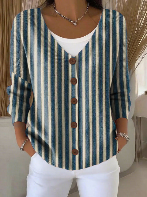 Retro Plaid Line Pattern Print Buttoned V-neck Cardigan Sweater