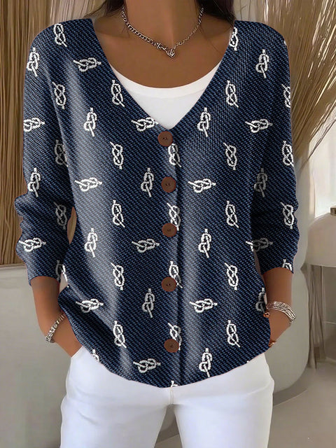 Retro Minimalist Pattern Print Buttoned V-neck Cardigan Sweater