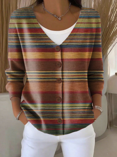 Retro Plaid Pattern Print Buttoned V-neck Cardigan Sweater