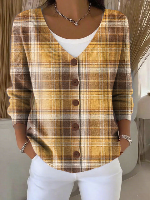 Retro Plaid Pattern Print Buttoned V-neck Cardigan Sweater
