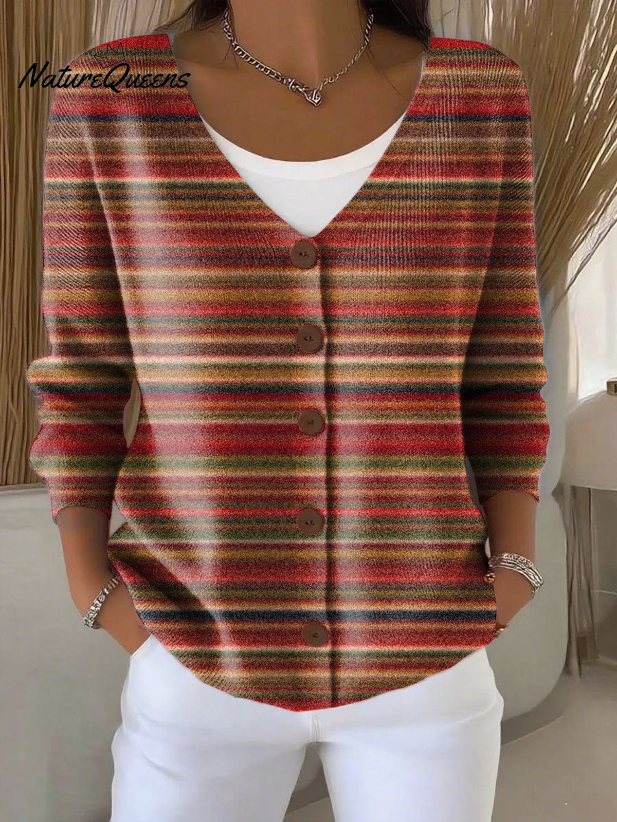 Retro Plaid Pattern Print Buttoned V-neck Cardigan Sweater