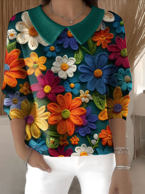 Women's Floral Flowers Casual Print Peter Pan Collar 3/4 Sleeve Sweater