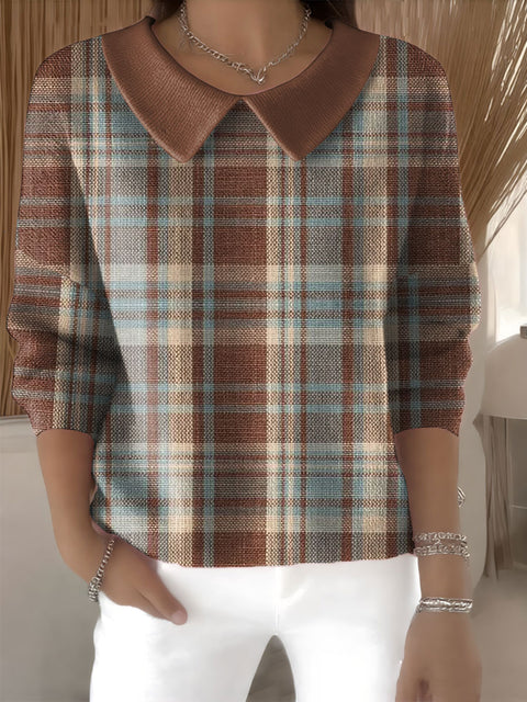 Women's Retro Plaid Pattern Casual Print Peter Pan Collar 3/4 Sleeve Sweater