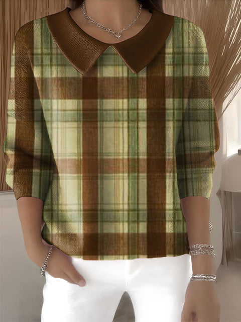 Women's Retro Plaid Pattern Casual Print Peter Pan Collar 3/4 Sleeve Sweater