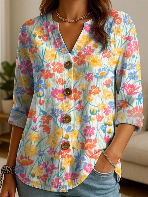 Women's Floral Flowers Pattern Print Casual Cotton And Linen Shirt