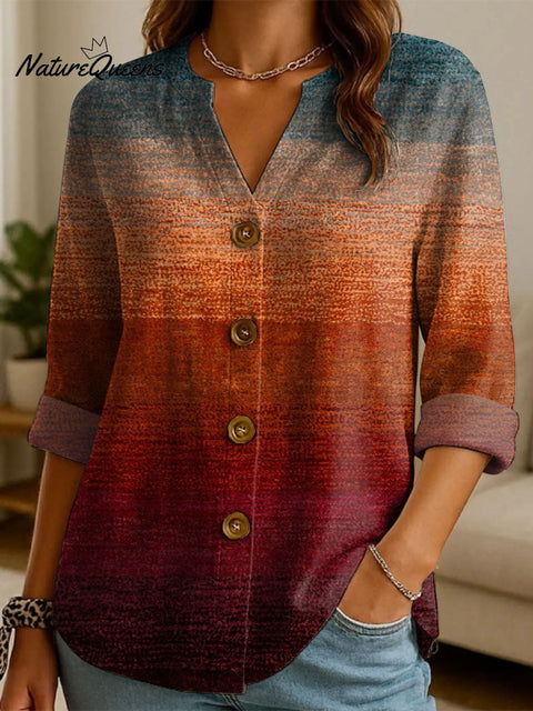 Women's Autumn Gradient Striped Pattern Print Casual Cotton And Linen Shirt