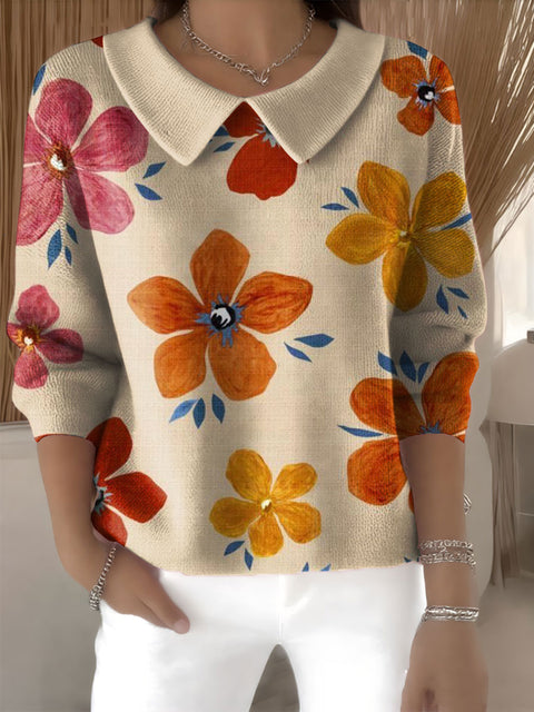 Women's Floral Flowers Casual Print Peter Pan Collar 3/4 Sleeve Sweater