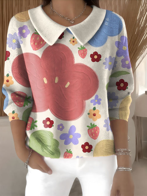 Women's Floral Flowers Casual Print Peter Pan Collar 3/4 Sleeve Sweater
