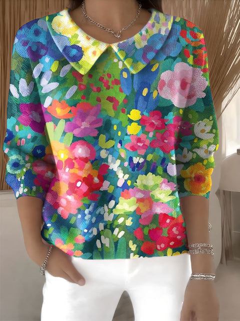 Women's Floral Flowers Casual Print Peter Pan Collar 3/4 Sleeve Sweater