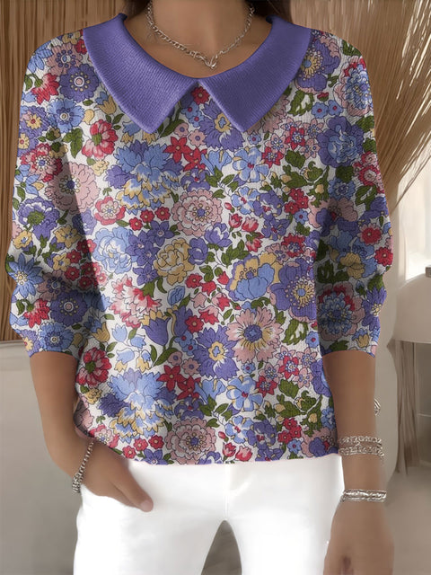Women's Floral Flowers Casual Print Peter Pan Collar 3/4 Sleeve Sweater