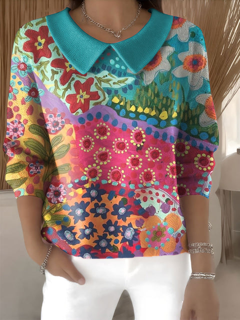 Women's Floral Flowers Casual Print Peter Pan Collar 3/4 Sleeve Sweater