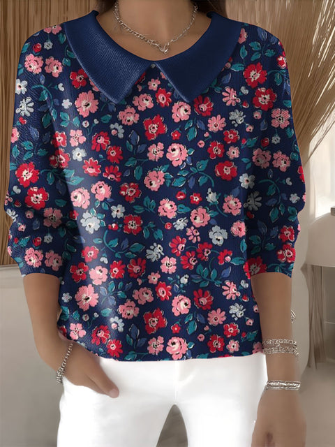 Women's Floral Flowers Casual Print Peter Pan Collar 3/4 Sleeve Sweater