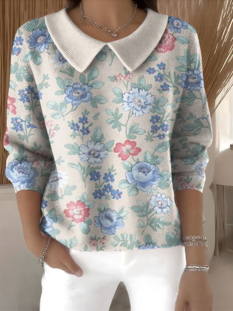 Women's Floral Flowers Casual Print Peter Pan Collar 3/4 Sleeve Sweater