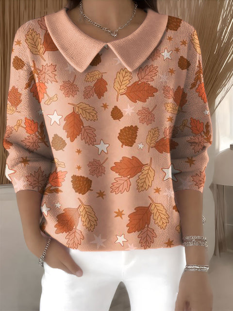 Women's Autumn Red Maple Leaves Casual Print Peter Pan Collar 3/4 Sleeve Sweater
