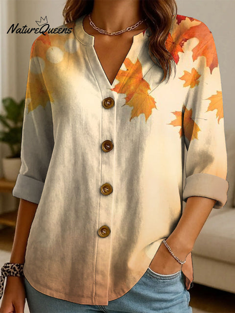 Women's Autumn Maple Leaves Pattern Print Casual Cotton And Linen Shirt
