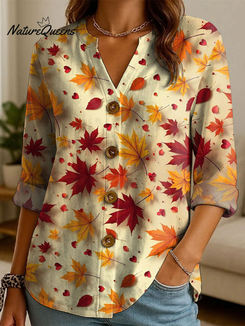 Women's Autumn Maple Leaves Pattern Print Casual Cotton And Linen Shirt