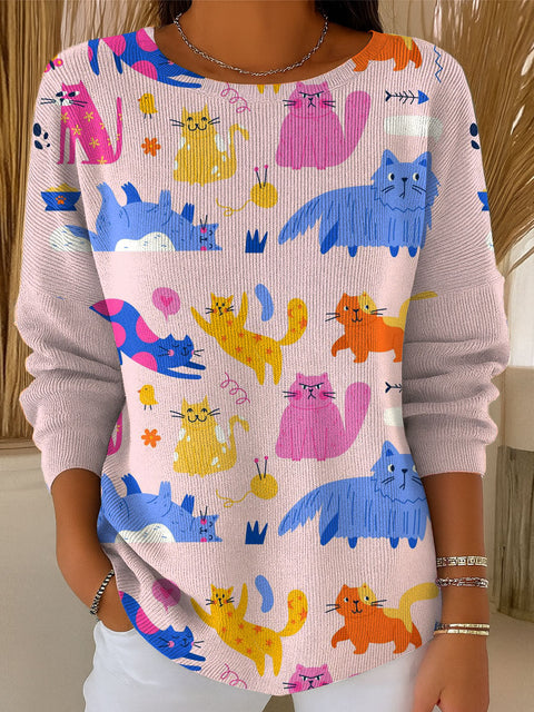 Women's Animal Cute Cat Geometric Colors Casual Pullover Sweater