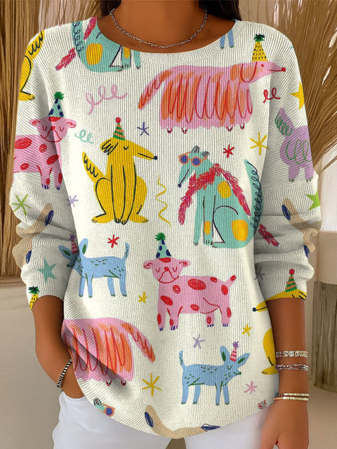 Women's Animal Cute Dog Geometric Colors Casual Pullover Sweater