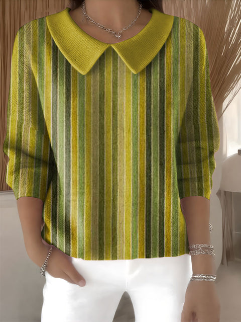 Women's Geometric Color Stripe Casual Print Peter Pan Collar 3/4 Sleeve Sweater