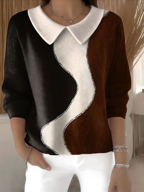 Women's Geometric Color Contrast Splicing Abstract Casual Print Peter Pan Collar 3/4 Sleeve Sweater