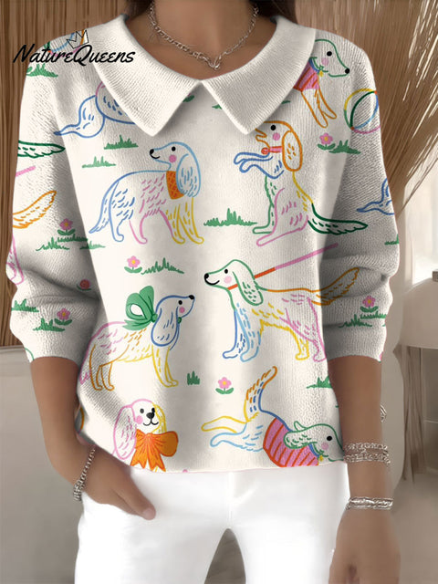 Women's Cute Puppy Casual Print Peter Pan Collar 3/4 Sleeve Sweater