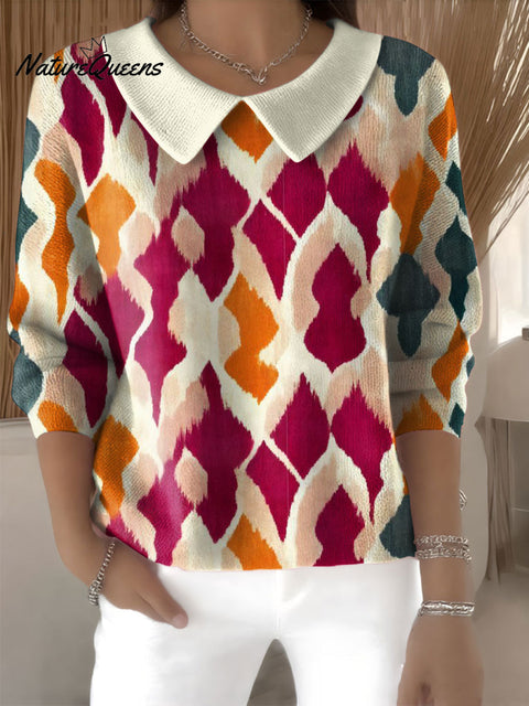 Women's Geometric Splicing Casual Print Peter Pan Collar 3/4 Sleeve Sweater