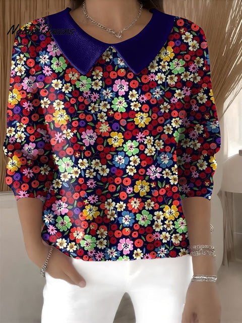 Women's Floral Flowers Casual Print Peter Pan Collar 3/4 Sleeve Sweater