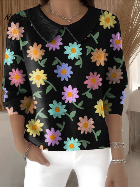Women's Floral Flowers Casual Print Peter Pan Collar 3/4 Sleeve Sweater