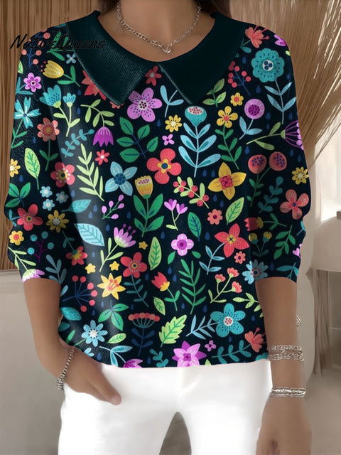 Women's Floral Flowers Casual Print Peter Pan Collar 3/4 Sleeve Sweater