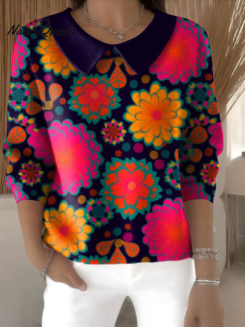 Women's Floral Flowers Casual Print Peter Pan Collar 3/4 Sleeve Sweater