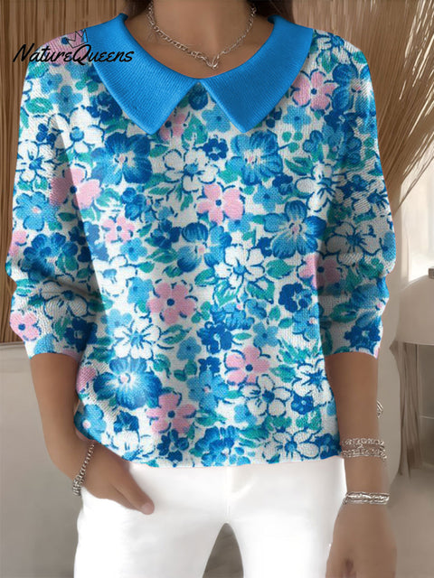 Women's Floral Flowers Casual Print Peter Pan Collar 3/4 Sleeve Sweater