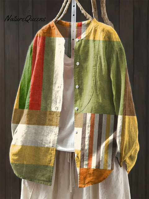 Women's Geometry Colors Abstract Art Print Casual Cotton And Linen Shirt