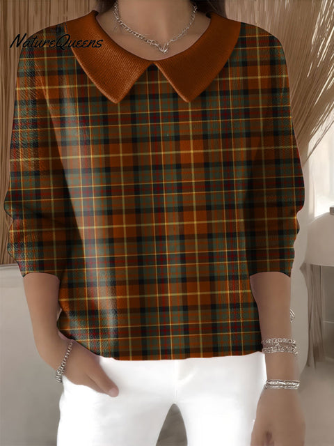 Women's Plaid Pattern Art Casual Print Peter Pan Collar 3/4 Sleeve Sweater