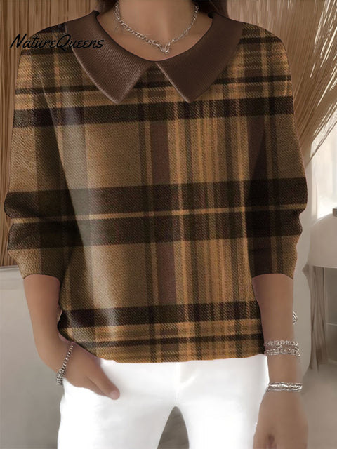 Women's Plaid Pattern Art Casual Print Peter Pan Collar 3/4 Sleeve Sweater