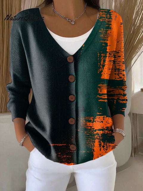Gradient Colors Print Buttoned V-neck Cardigan Sweater