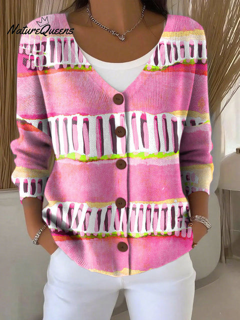 Gradient Colors Print Buttoned V-neck Cardigan Sweater