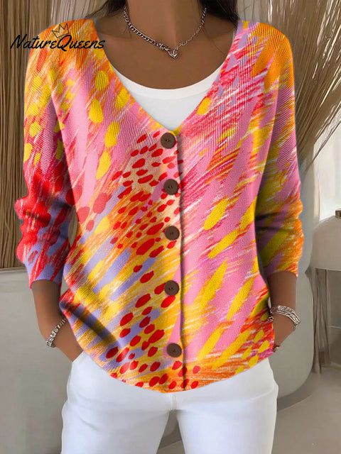 Gradient Colors Print Buttoned V-neck Cardigan Sweater