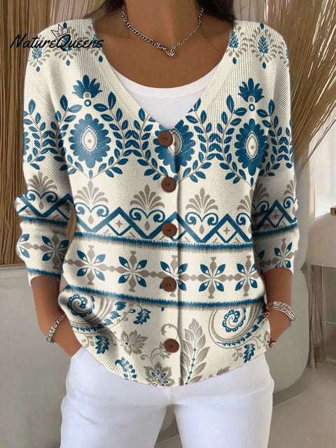 Ethnic Pattern Print Buttoned V-neck Cardigan Sweater