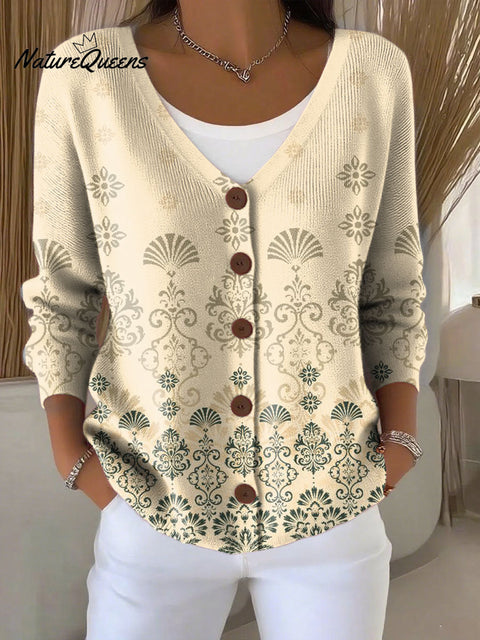 Ethnic Pattern Print Buttoned V-neck Cardigan Sweater