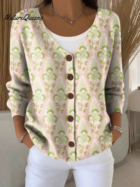 Ethnic Pattern Print Buttoned V-neck Cardigan Sweater