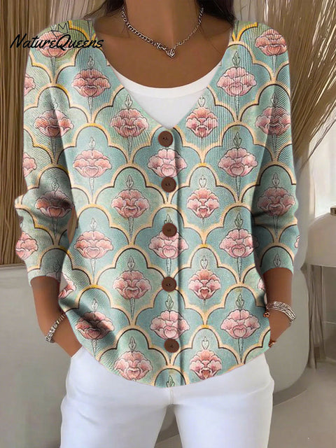 Ethnic Pattern Print Buttoned V-neck Cardigan Sweater