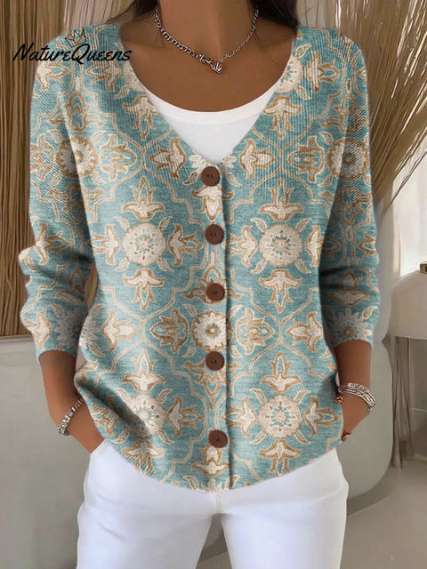 Ethnic Pattern Print Buttoned V-neck Cardigan Sweater