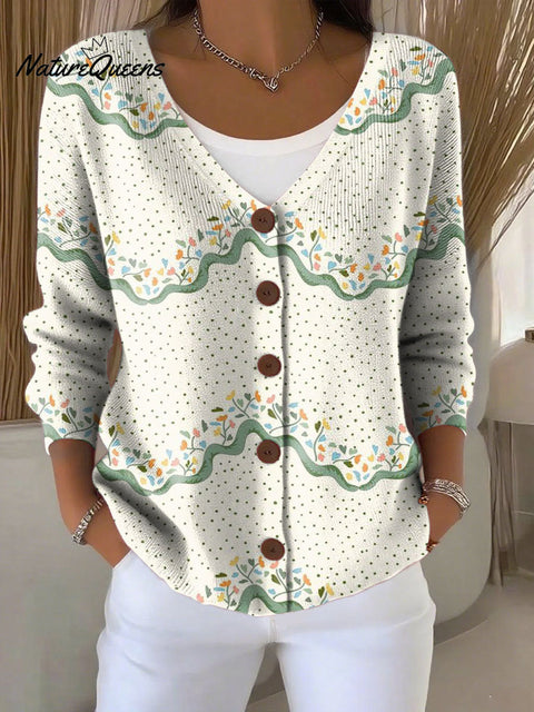 Ethnic Pattern Print Buttoned V-neck Cardigan Sweater