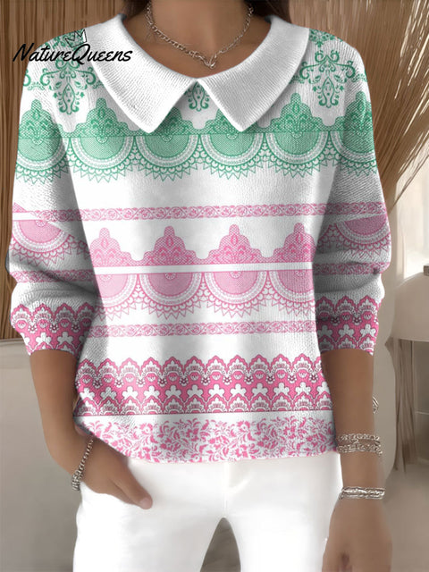 Women's Ethnic Pattern Print Casual Print Peter Pan Collar 3/4 Sleeve Sweater