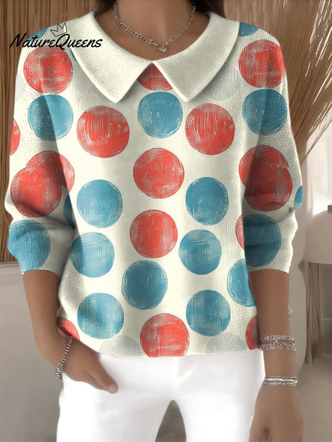 Women's Two-color Contrast Circle Pattern Print Casual Print Peter Pan Collar 3/4 Sleeve Sweater