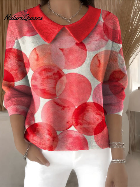 Women's Red Circle Pattern Print Casual Print Peter Pan Collar 3/4 Sleeve Sweater