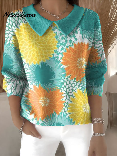 Women's Flowers Pattern Print Casual Print Peter Pan Collar 3/4 Sleeve Sweater