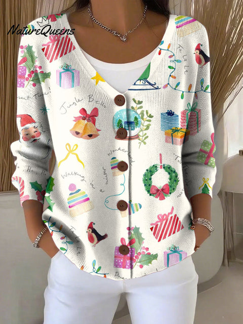 Christmas Pattern Art Print Buttoned V-neck Cardigan Sweater