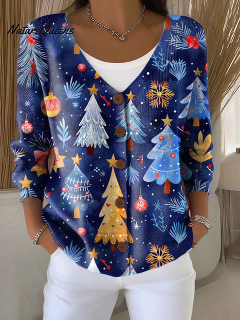 Christmas Christmas Tree Pattern Art Print Buttoned V-neck Cardigan Sweater
